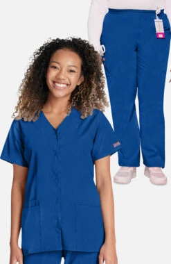 Women's Snap Front Solid Scrub Top & Elastic Waistband Cargo Sc