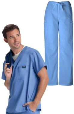 Men's V-Neck Solid Scrub Top & Drawstring Cargo Scrub Pant Set
