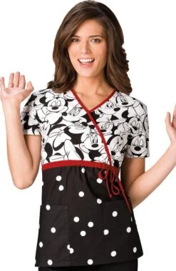 Cherokee Women's Mock Wrap Minnie Mouse Print Scrub Top