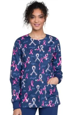 Cherokee Clearance Women's Snap Front Pink Ribbon Print Scrub Jacket