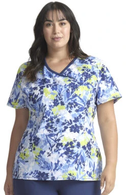 Cherokee Women's Mock Wrap Brushstroke Buds Print Scrub Top