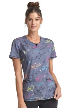 Cherokee Women's Round Neck Pop Beats Print Scrub Top