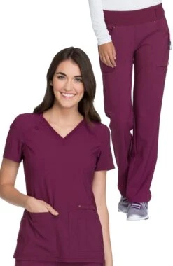 Cherokee Women's V-Neck Knit Back Solid Scrub Top & Knit Waistband Pull On Scrub P