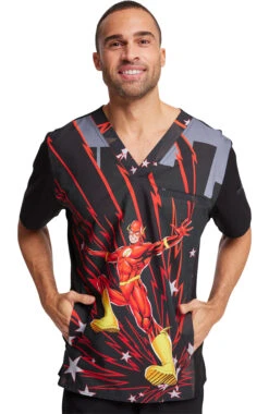 Cherokee Clearance Men's Fast As Lightning Print Scrub Top