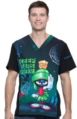Cherokee Clearance Men's V-Neck Keep Mars Green Print Scrub Top