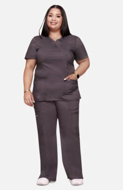 Women's Mock Wrap Solid Scrub Top & Drawstring Flare Scrub