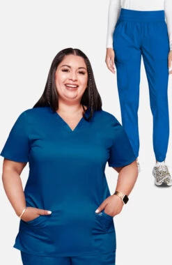 Women's V-Neck Solid Scrub Top & Tapered Jogger Scrub Pant Set