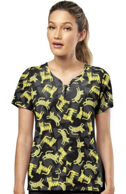 Clearance Women's Zip Neck Tiger Vibe Print Scrub Top