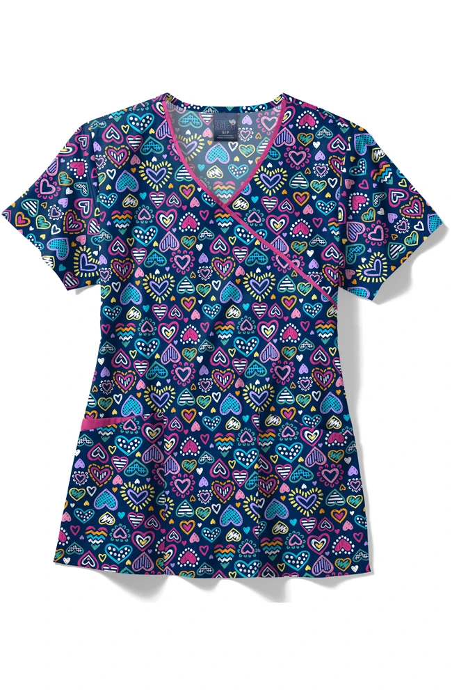 Women's Contrast Mock Wrap Chalk Hearts Print Scrub Top Women's Contrast Mock Wrap Chalk Hearts Print Scrub Top -Medical Clothing Store 1 wk z17202 printckh 650