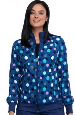 Cherokee Clearance Women's Poppin' Polka Dots Navy Print Scrub Jacket -Medical Clothing Store 3 ck ck372 printclearance 650 1