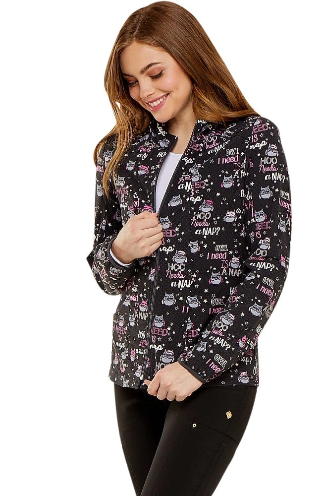 Clearance Women's Zip Front Warm-Up Owl Print Scrub Jacket Clearance Women's Zip Front Warm-Up Owl Print Scrub Jacket -Medical Clothing Store 3 ck hs301 printclearance 650 2