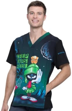 Cherokee Clearance Men's V-Neck Keep Mars Green Print Scrub Top -Medical Clothing Store 3 ck tf708 printclearance 650 3