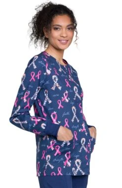 Cherokee Clearance Women's Snap Front Pink Ribbon Print Scrub Jacket -Medical Clothing Store 4 ck ck301 printclearance 650 4