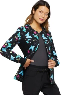 Cherokee Clearance Women's Zip Front Knit Panel Butterfly Print Scrub Jacket -Medical Clothing Store 4 ck ck307 printclearance 650