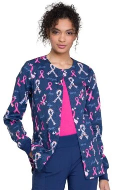 Cherokee Clearance Women's Snap Front Pink Ribbon Print Scrub Jacket -Medical Clothing Store 5 ck ck301 printclearance 650 2