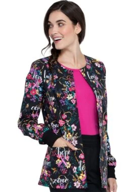 Cherokee Clearance Women's Bouquets Of Hope Print Scrub Jacket 4 Cherokee Clearance Women's Bouquets Of Hope Print Scrub Jacket -Medical Clothing Store 5 ck ck301 printclearance 650 4